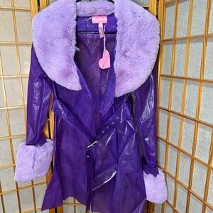 SUGAR THRILLZ PRIMADONNA GIRL CLEAR PURPLE FAUX FUR TRIM TRENCH COAT